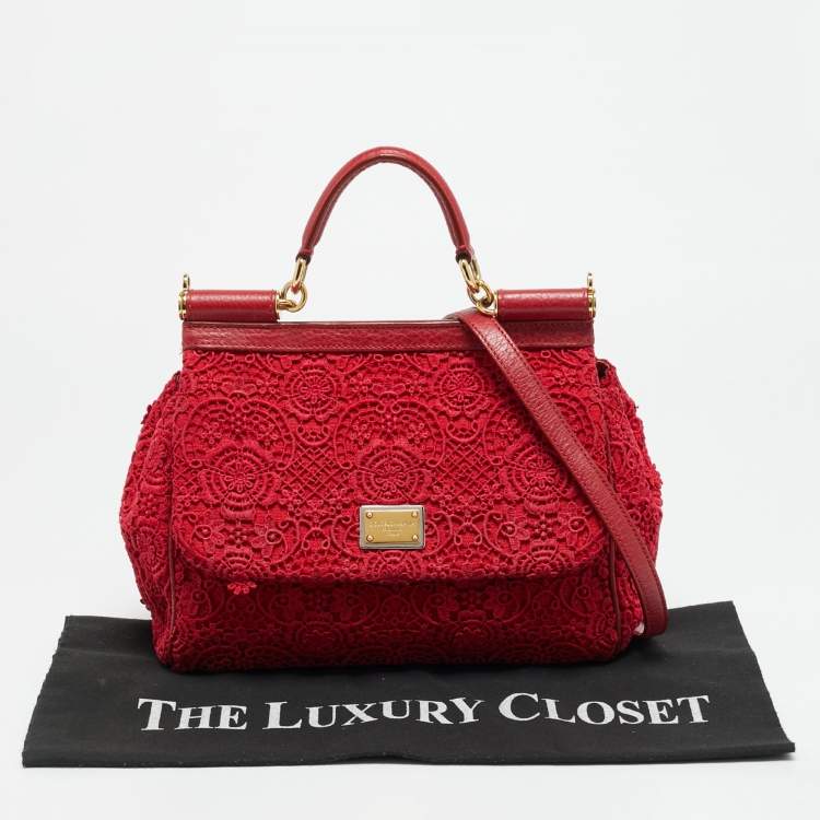 Pre Owned Dolce & Gabbana Miss Sicily Medium Red Floral Crochet Canvas Top Handle Bag