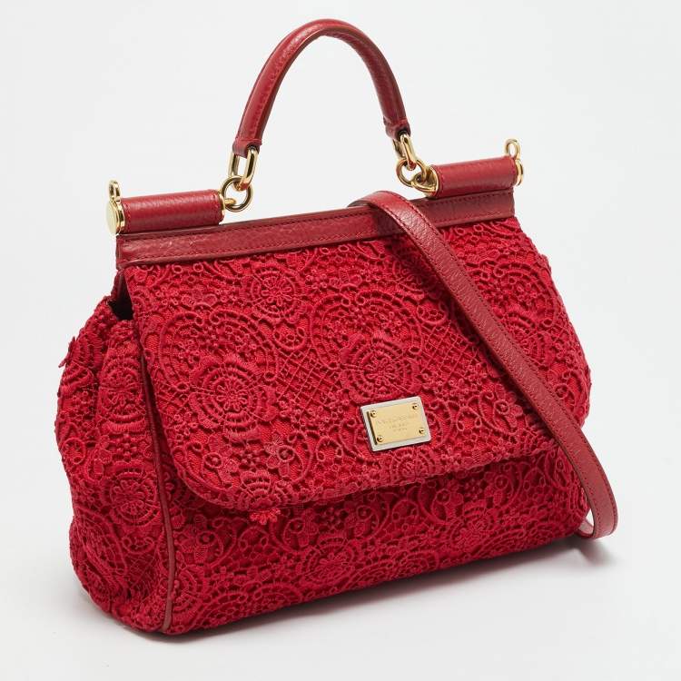 Pre Owned Dolce & Gabbana Miss Sicily Medium Red Floral Crochet Canvas Top Handle Bag
