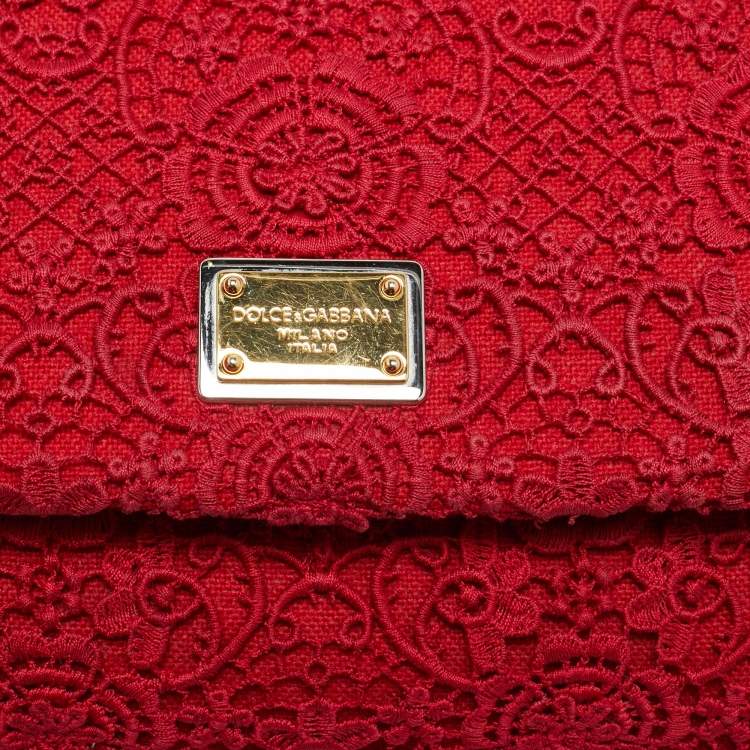 Pre Owned Dolce & Gabbana Miss Sicily Medium Red Floral Crochet Canvas Top Handle Bag