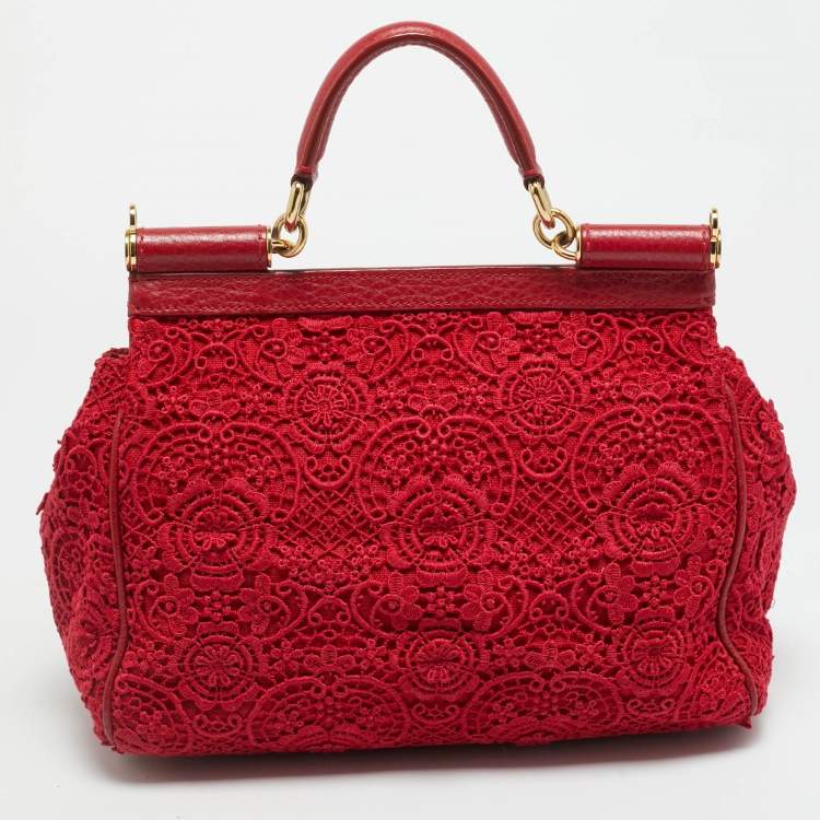 Pre Owned Dolce & Gabbana Miss Sicily Medium Red Floral Crochet Canvas Top Handle Bag