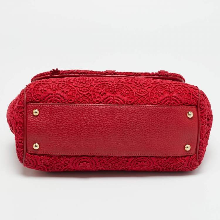 Pre Owned Dolce & Gabbana Miss Sicily Medium Red Floral Crochet Canvas Top Handle Bag