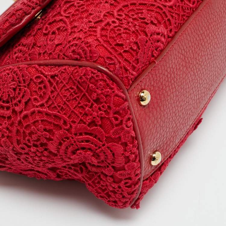 Pre Owned Dolce & Gabbana Miss Sicily Medium Red Floral Crochet Canvas Top Handle Bag