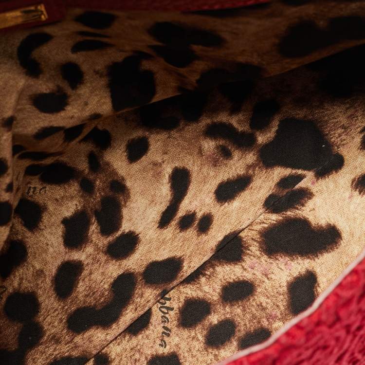 Pre Owned Dolce & Gabbana Miss Sicily Medium Red Floral Crochet Canvas Top Handle Bag