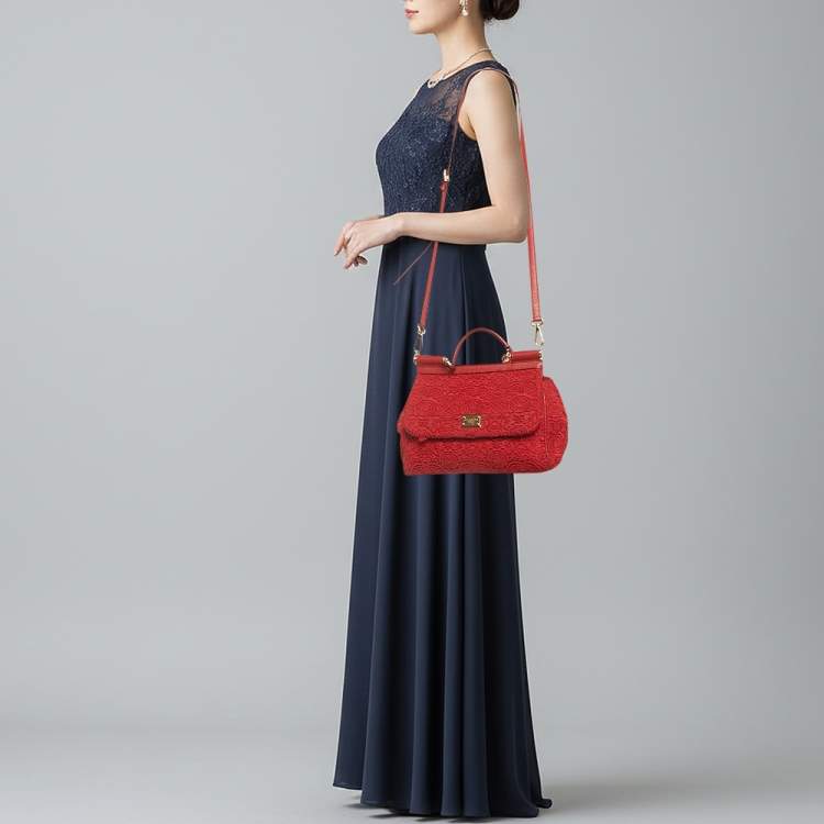 Pre Owned Dolce & Gabbana Miss Sicily Medium Red Floral Crochet Canvas Top Handle Bag