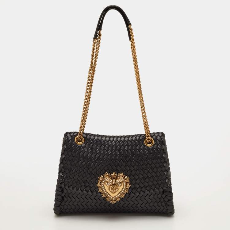 Pre Owned Dolce & Gabbana Devotion Black Woven Leather Flap Shoulder Bag