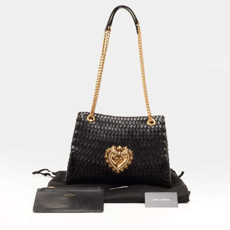 Pre Owned Dolce & Gabbana Devotion Black Woven Leather Flap Shoulder Bag