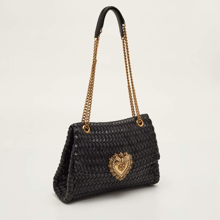 Pre Owned Dolce & Gabbana Devotion Black Woven Leather Flap Shoulder Bag