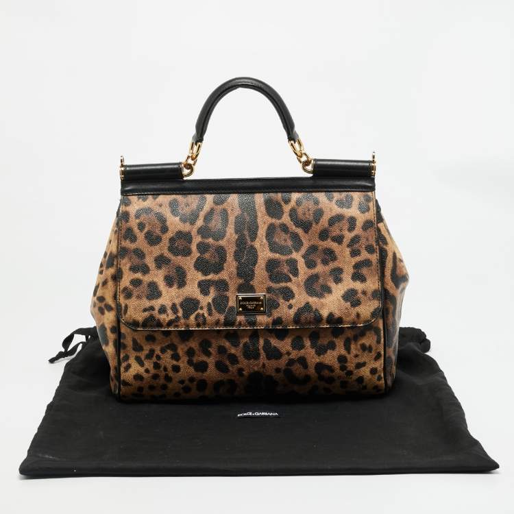 Pre Owned Dolce & Gabbana Miss Sicily Large Brown/Black Leopard Print Coated Canvas Top Handle Bag