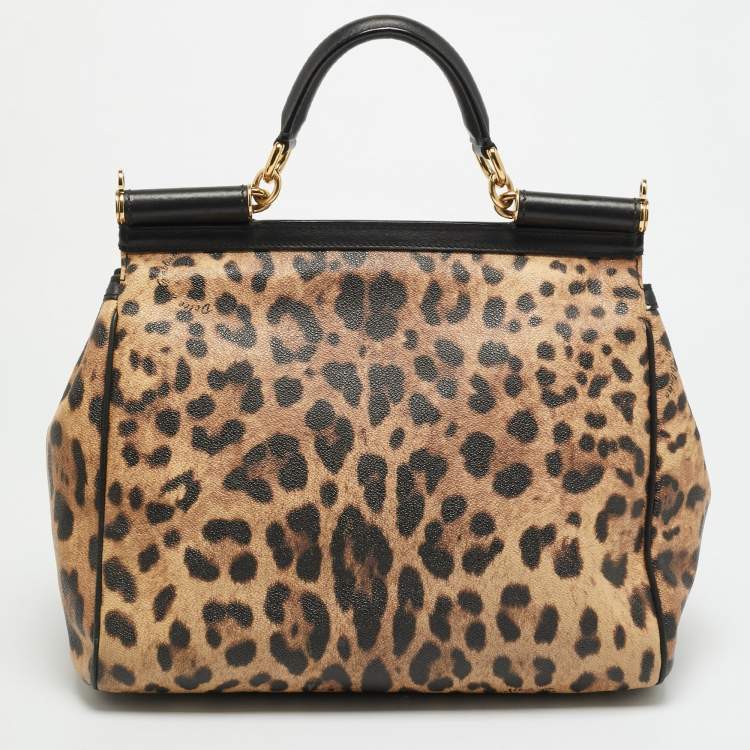 Pre Owned Dolce & Gabbana Miss Sicily Large Brown/Black Leopard Print Coated Canvas Top Handle Bag