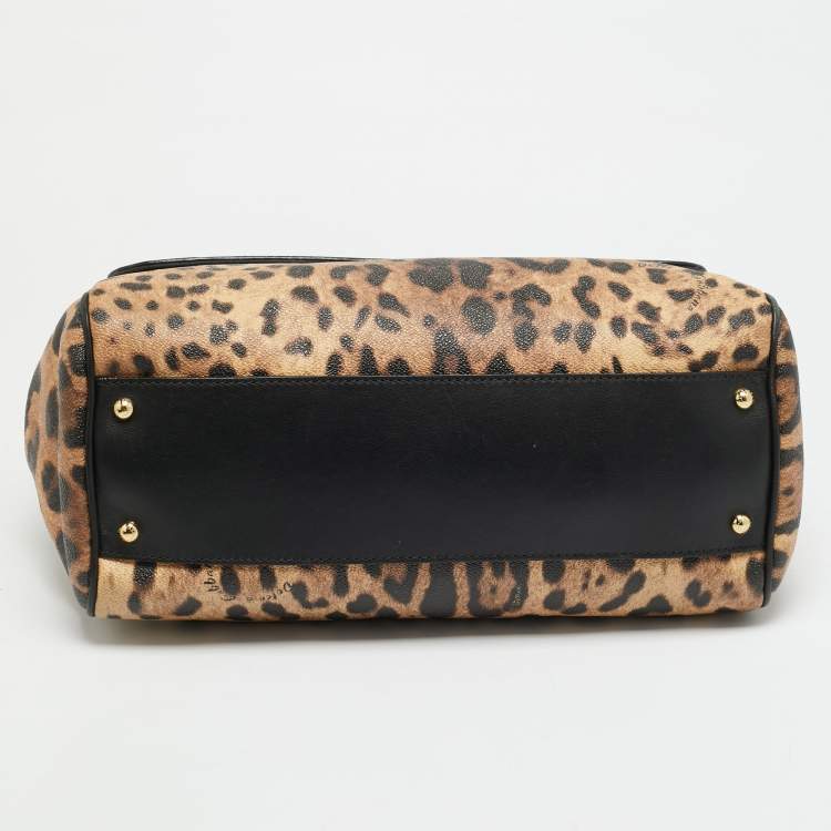 Pre Owned Dolce & Gabbana Miss Sicily Large Brown/Black Leopard Print Coated Canvas Top Handle Bag