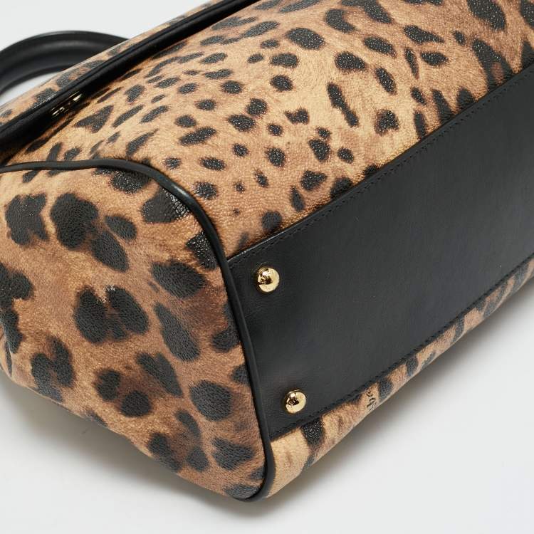 Pre Owned Dolce & Gabbana Miss Sicily Large Brown/Black Leopard Print Coated Canvas Top Handle Bag