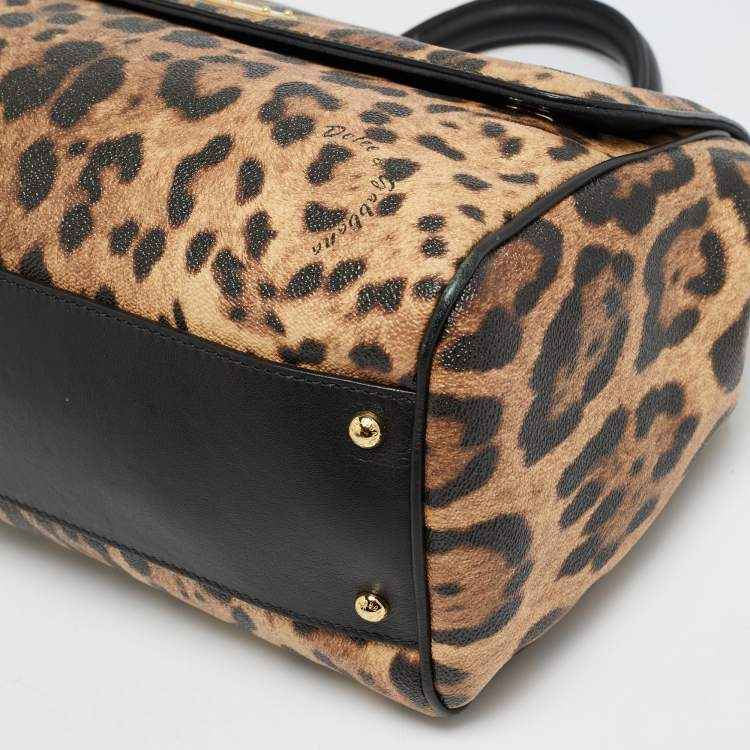 Pre Owned Dolce & Gabbana Miss Sicily Large Brown/Black Leopard Print Coated Canvas Top Handle Bag
