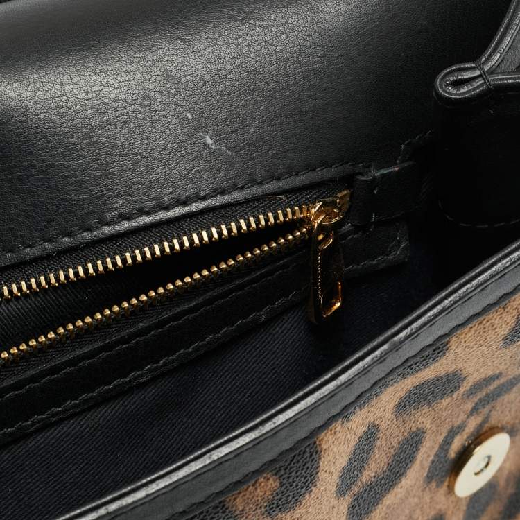 Pre Owned Dolce & Gabbana Miss Sicily Large Brown/Black Leopard Print Coated Canvas Top Handle Bag