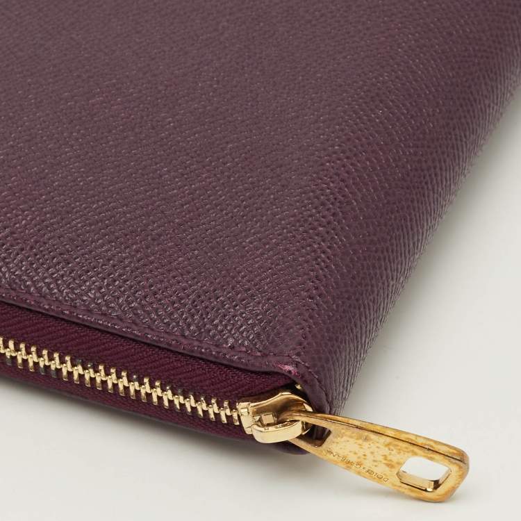 Pre Owned Dolce & Gabbana Logo Purple Leather Zip Around Clutch