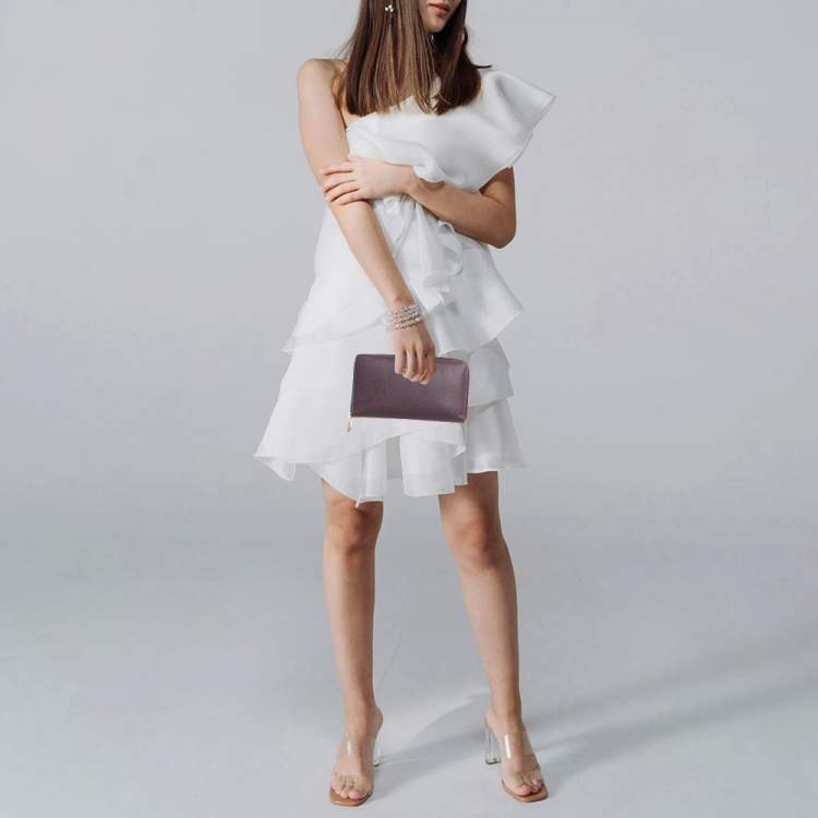 Pre Owned Dolce & Gabbana Logo Purple Leather Zip Around Clutch