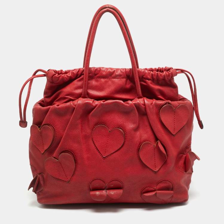 Pre Owned Dolce & Gabbana Heart Applique Red Leather Drawstring Tote