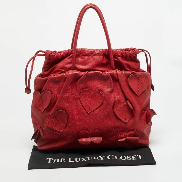 Pre Owned Dolce & Gabbana Heart Applique Red Leather Drawstring Tote