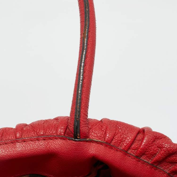 Pre Owned Dolce & Gabbana Heart Applique Red Leather Drawstring Tote