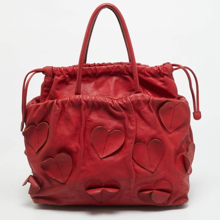 Pre Owned Dolce & Gabbana Heart Applique Red Leather Drawstring Tote