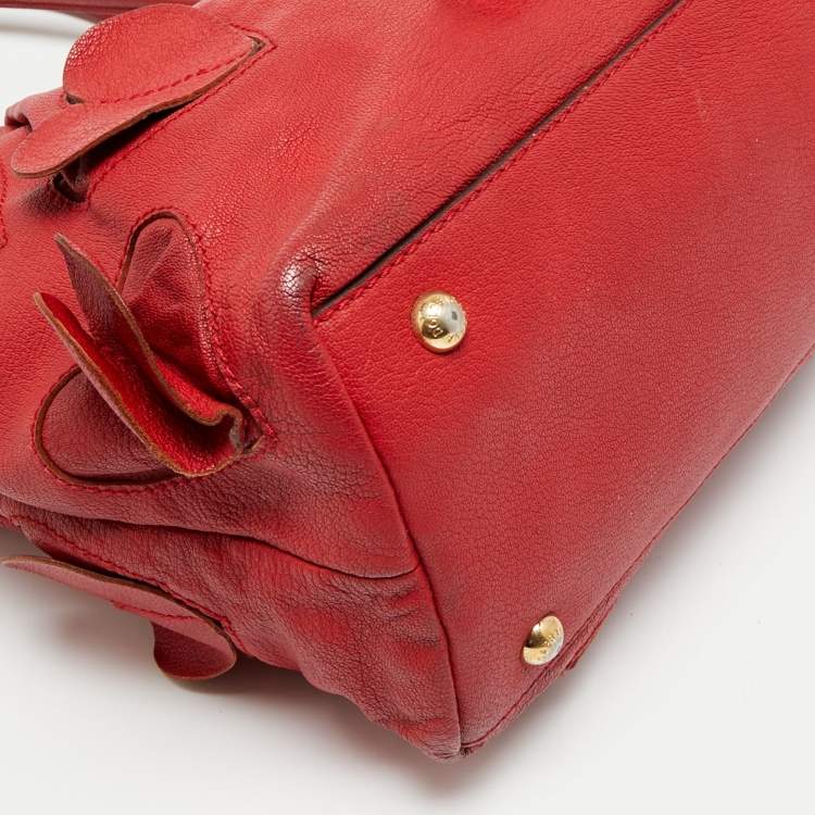 Pre Owned Dolce & Gabbana Heart Applique Red Leather Drawstring Tote