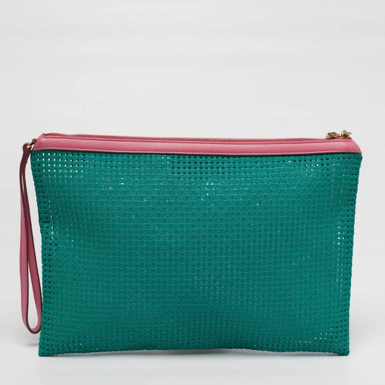 Pre Owned Dolce & Gabbana Green/Pink Woven PVC Wristlet Zip Pouch