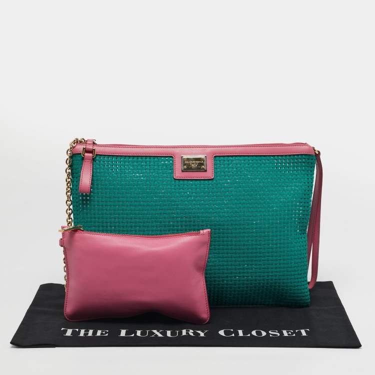 Pre Owned Dolce & Gabbana Green/Pink Woven PVC Wristlet Zip Pouch