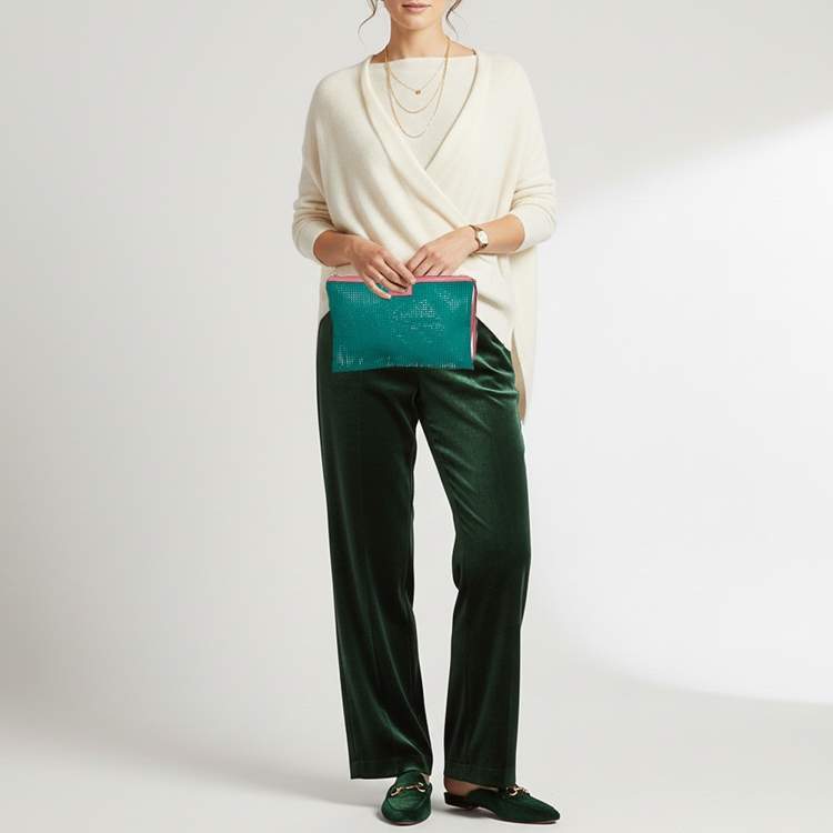 Pre Owned Dolce & Gabbana Green/Pink Woven PVC Wristlet Zip Pouch