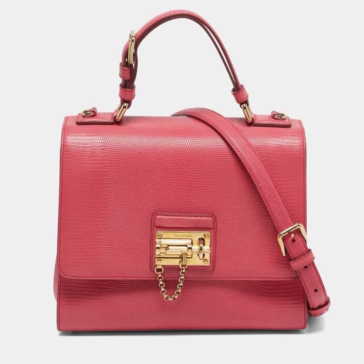 Pre Owned Dolce & Gabbana Miss Monica Medium Pink Lizard Embossed Leather Top Handle Bag