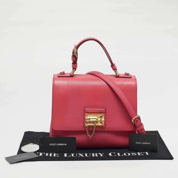 Pre Owned Dolce & Gabbana Miss Monica Medium Pink Lizard Embossed Leather Top Handle Bag