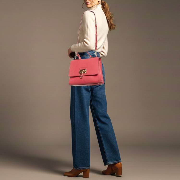 Pre Owned Dolce & Gabbana Miss Monica Medium Pink Lizard Embossed Leather Top Handle Bag