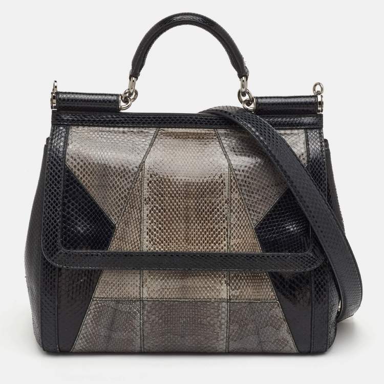 Pre Owned Dolce & Gabbana Miss Sicily Large Multicolor Colorblock Snakeskin Top Handle Bag