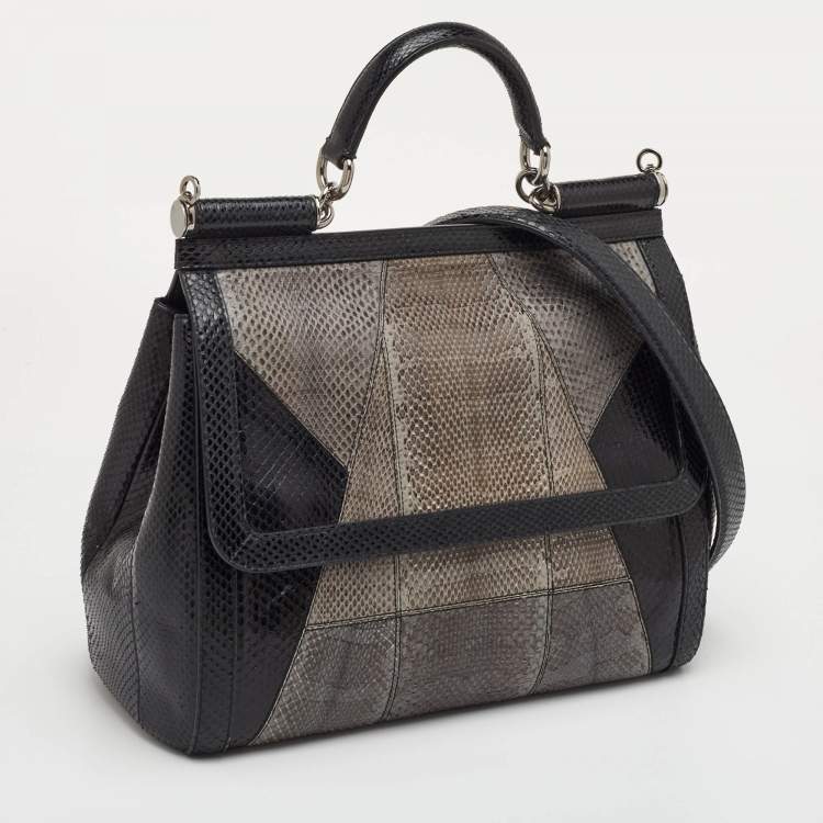 Pre Owned Dolce & Gabbana Miss Sicily Large Multicolor Colorblock Snakeskin Top Handle Bag