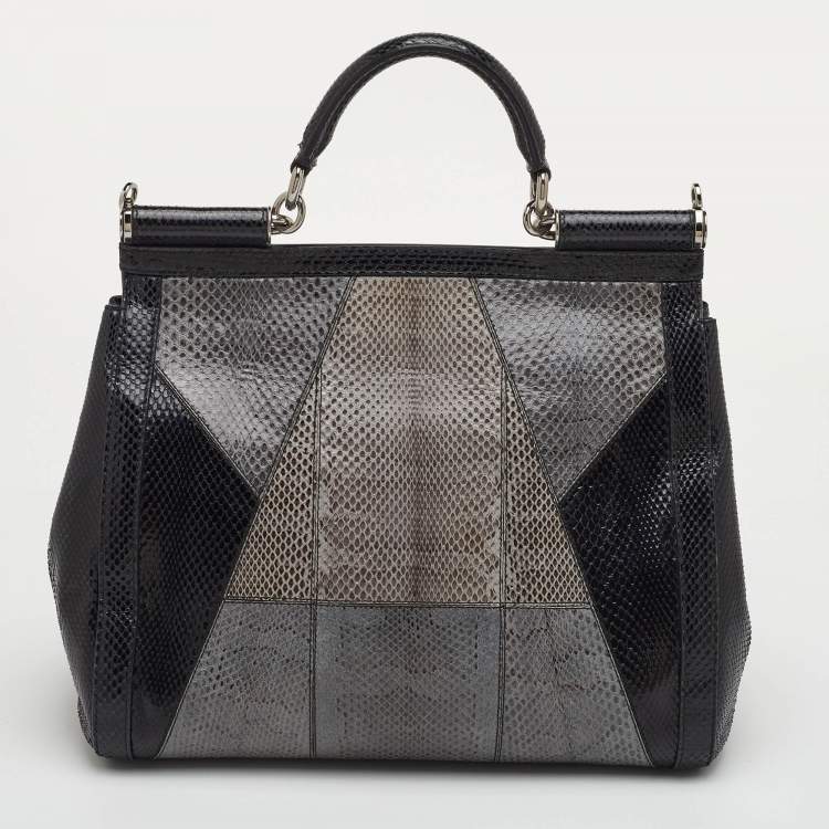 Pre Owned Dolce & Gabbana Miss Sicily Large Multicolor Colorblock Snakeskin Top Handle Bag
