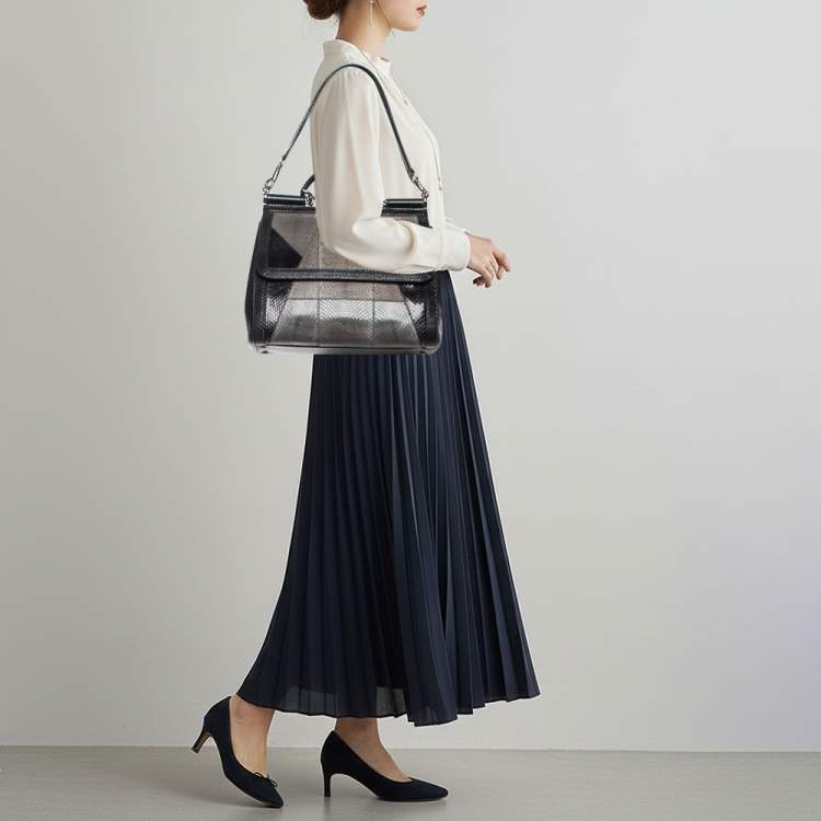 Pre Owned Dolce & Gabbana Miss Sicily Large Multicolor Colorblock Snakeskin Top Handle Bag