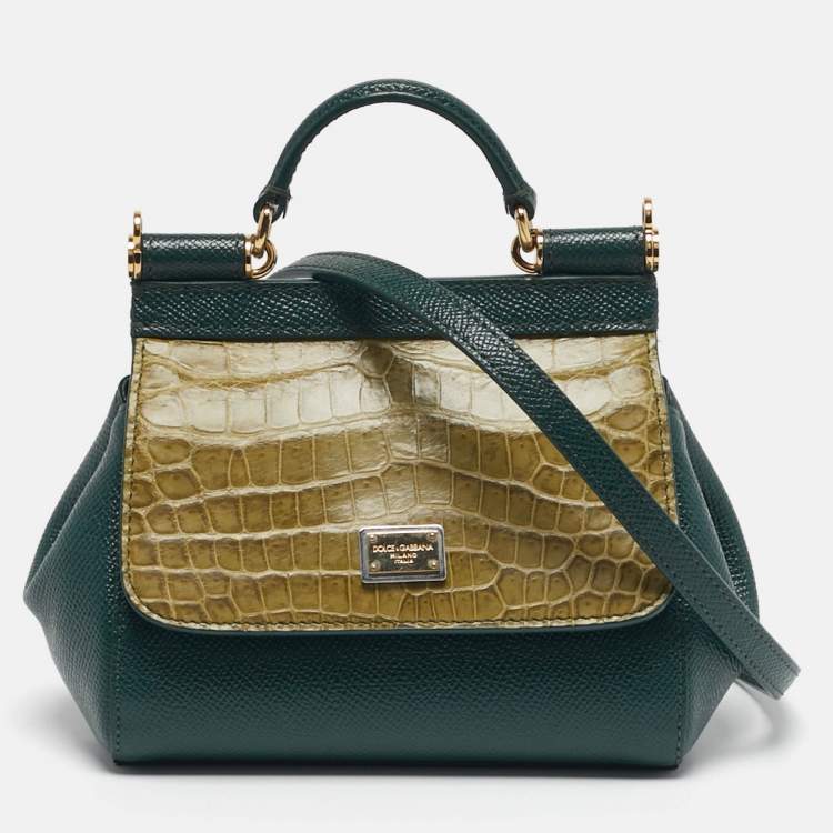 Pre Owned Dolce & Gabbana Miss Sicily Micro Two Tone Green Leather and Croc Top Handle Bag