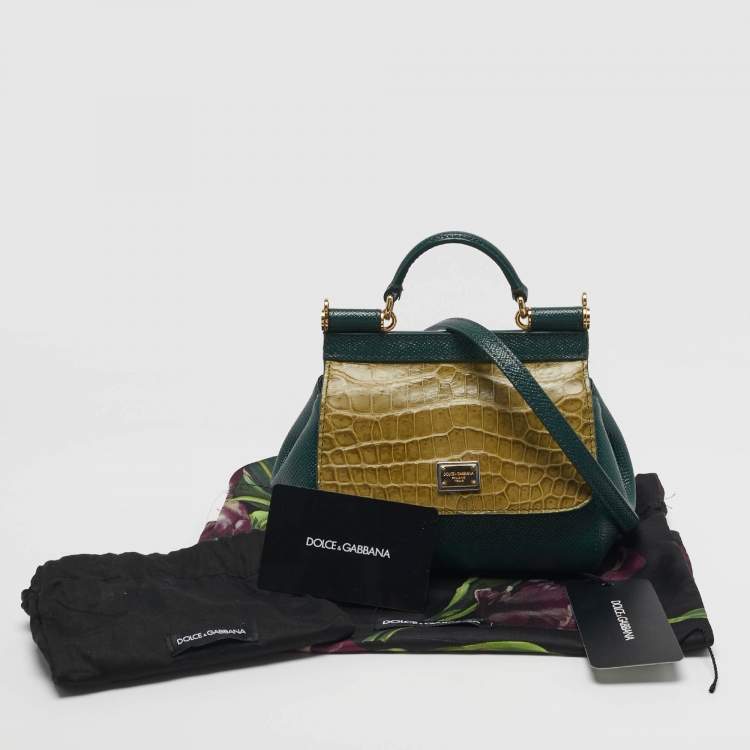 Pre Owned Dolce & Gabbana Miss Sicily Micro Two Tone Green Leather and Croc Top Handle Bag