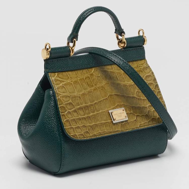 Pre Owned Dolce & Gabbana Miss Sicily Micro Two Tone Green Leather and Croc Top Handle Bag