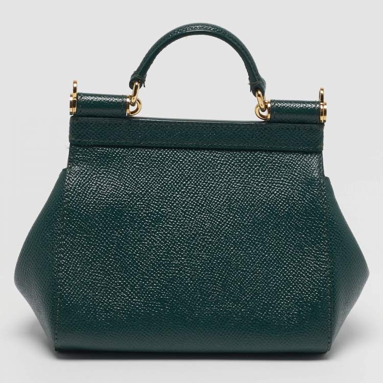 Pre Owned Dolce & Gabbana Miss Sicily Micro Two Tone Green Leather and Croc Top Handle Bag