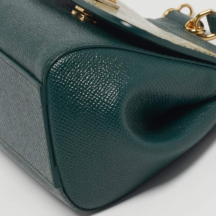 Pre Owned Dolce & Gabbana Miss Sicily Micro Two Tone Green Leather and Croc Top Handle Bag