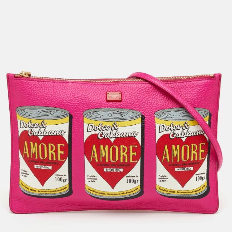 Pre Owned Dolce & Gabbana Amore Soup Can Print Pink Leather Zip Crossbody Bag