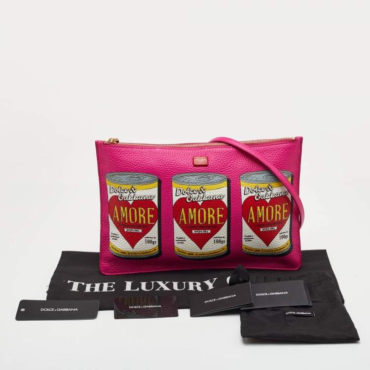 Pre Owned Dolce & Gabbana Amore Soup Can Print Pink Leather Zip Crossbody Bag