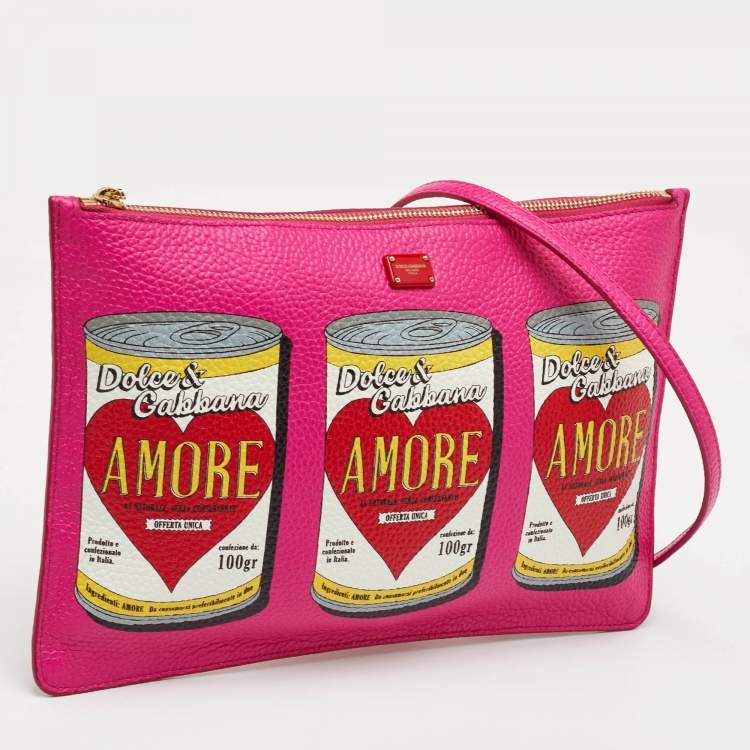 Pre Owned Dolce & Gabbana Amore Soup Can Print Pink Leather Zip Crossbody Bag