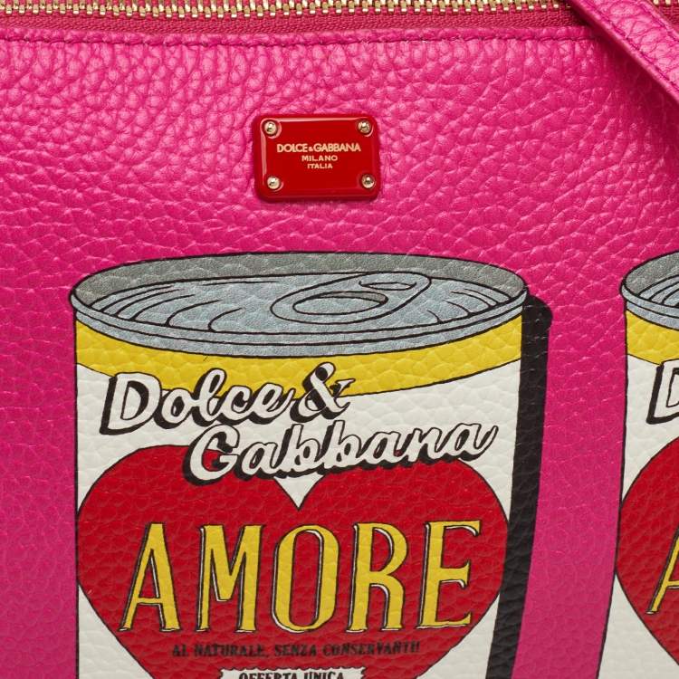 Pre Owned Dolce & Gabbana Amore Soup Can Print Pink Leather Zip Crossbody Bag