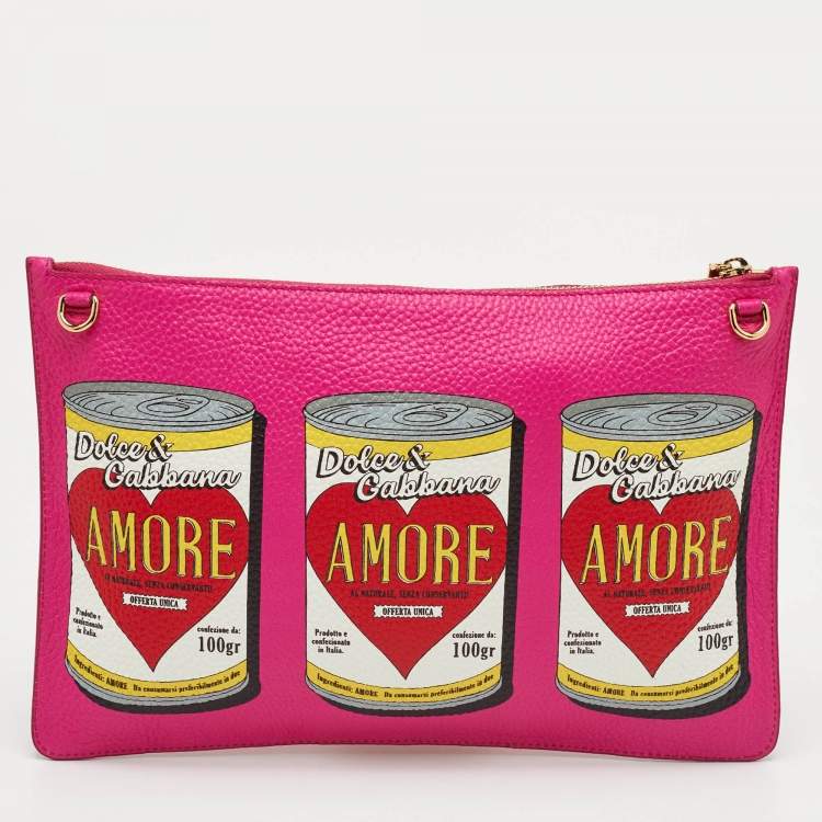 Pre Owned Dolce & Gabbana Amore Soup Can Print Pink Leather Zip Crossbody Bag