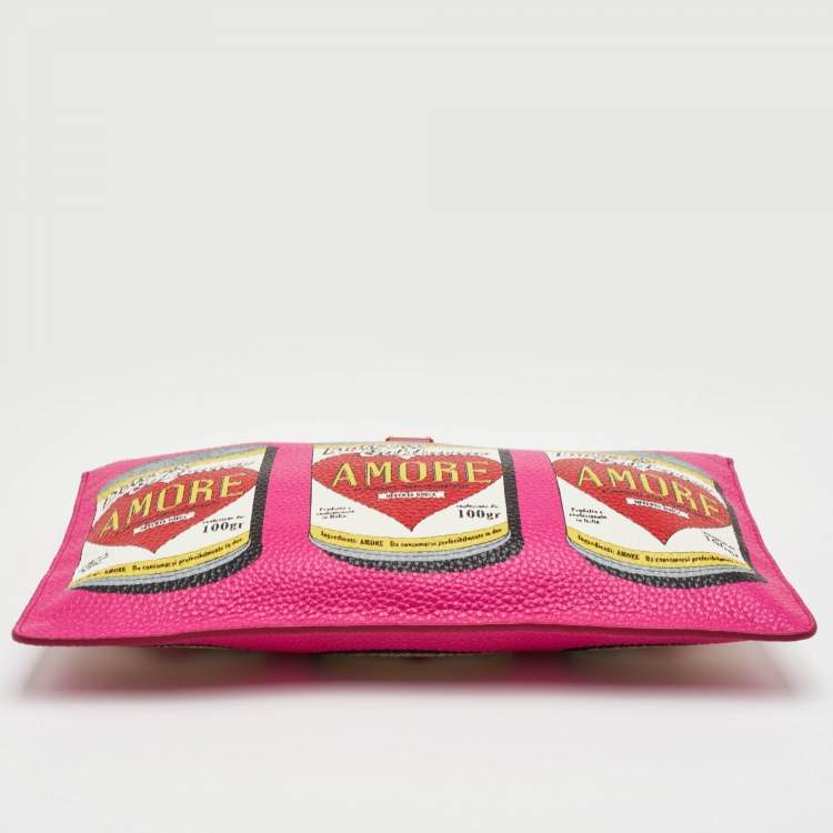Pre Owned Dolce & Gabbana Amore Soup Can Print Pink Leather Zip Crossbody Bag