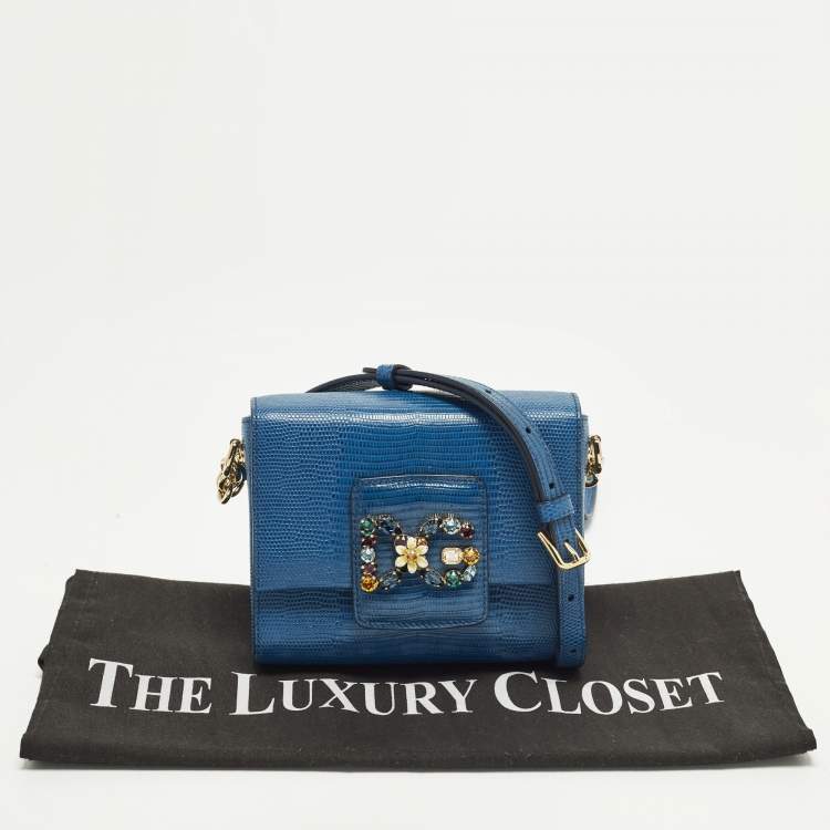 Pre Owned Dolce & Gabbana DG Millennials Crystals Mini Blue Lizard Embossed Leather Bag