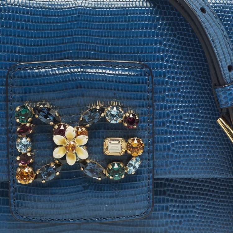 Pre Owned Dolce & Gabbana DG Millennials Crystals Mini Blue Lizard Embossed Leather Bag