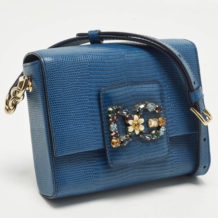 Pre Owned Dolce & Gabbana DG Millennials Crystals Mini Blue Lizard Embossed Leather Bag