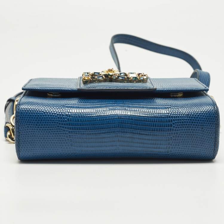 Pre Owned Dolce & Gabbana DG Millennials Crystals Mini Blue Lizard Embossed Leather Bag