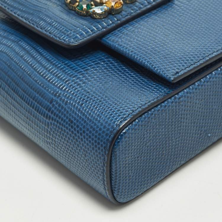 Pre Owned Dolce & Gabbana DG Millennials Crystals Mini Blue Lizard Embossed Leather Bag